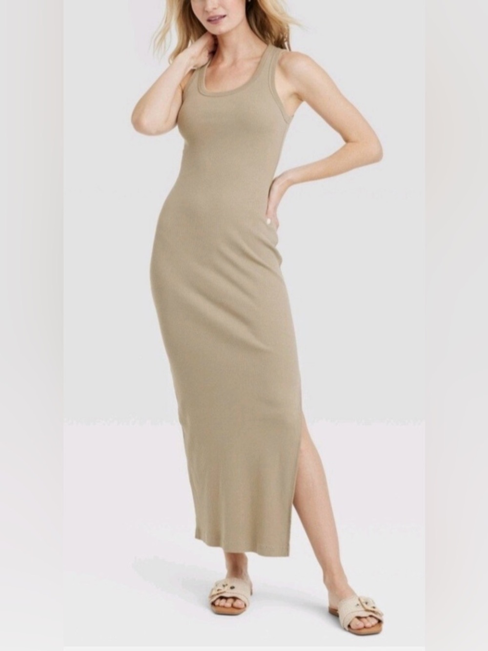 Women’s  Rib-Knit Maxi Bodycon Dress-Taupe Medium